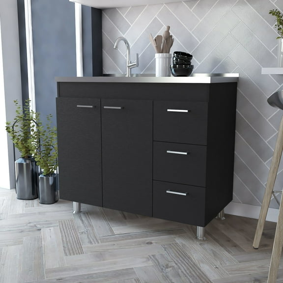 Elegant Kitchen Cabinet With Stainless Steel Top And Three Drawer Singularity For Kitchen, Drawers To Keep Your Items Organized