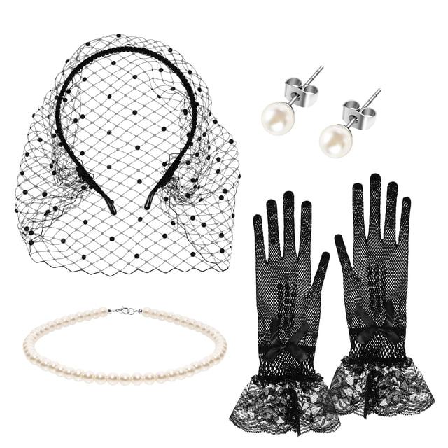 Lurrose 1 Set Fascinatory Tea Party Disfraz Accesorios Cara Veil Pearl Collar Pendientes Lace Guantes