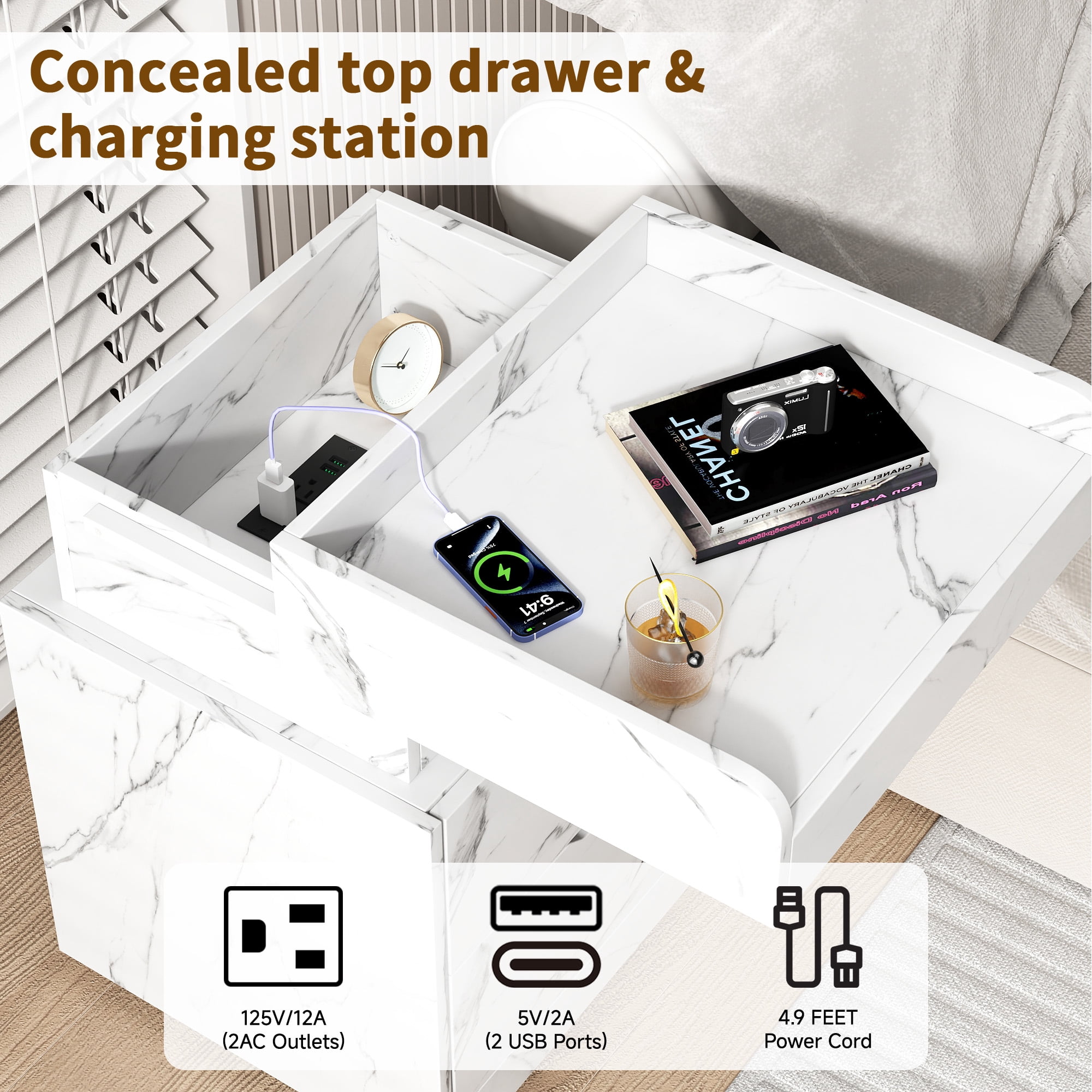 NEGYLIM Bedside Table, Nightstand with Multi-Color LED Light Strip, Quiet Drawers, 3 Drawers, Small Space Solution, Bedroom End Tables, White