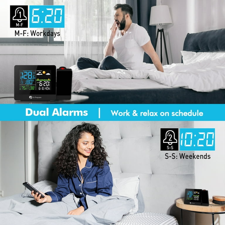 DR.PREPARE Projection Alarm Clock, Digital Clock Projector on Ceiling with  Indoor/Outdoor Temperature Display, Dual Alarms, Colored Backlight, Weather  Forecast, and Battery Backup for Bedroom 