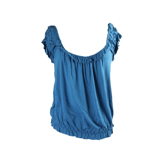 Studio M Womens Blue Cap-Sleeve Ruffle-Trim Top XS