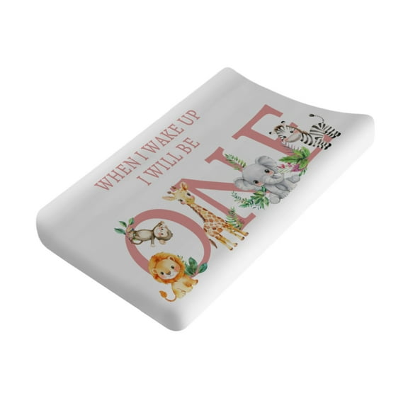 Jungle Safari Animals Pink Changing Pad Cover Lion Zebra Giraffe Elephant Monkey Tropical Leaves Baby Diaper Changing Table Sheets for Girl Nursery Changing Table Mat Cover 16''x32''