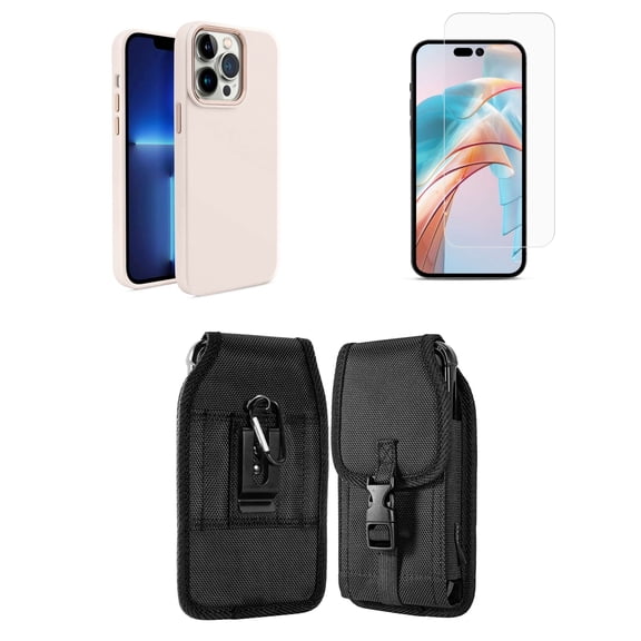 Bemz Phone Case for iPhone 15 Pro - Liquid TPU Silicone (Metal Buttons/Camera Edges) Protection Cover, Screen Protector, Vertical Release Buckle Belt Holster Pouch (Beige)