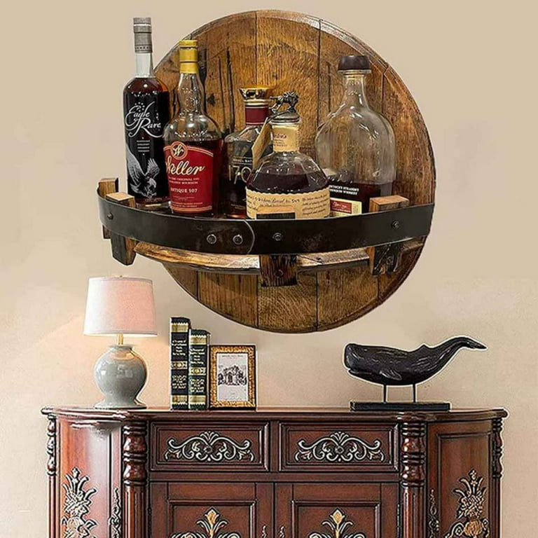 Wooden Whiskey Barrel Shelf Hand Crafted Wall Mounted Wine Rack Countertop Round Display Organizer Stand Bar Shelves Vintage Liquor Bottle Home Decor Walmart