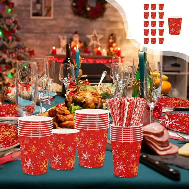 Vajilla navideña con copos de nieve rojos | Platos, vasos y servilletas de papel de 18 y 23 cm | Vajilla desechable festiva para reuniones navideñas