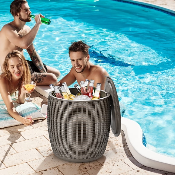 Costway Table de Cocktail de Patio en Rotin 4-en-1 de 9,5 Gallons, Table d'Appoint, Brun