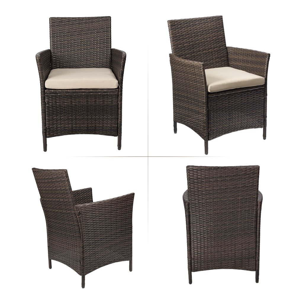 Lacoo 3 Pieces Outdoor Patio Furniture PE Rattan Wicker Table and Chairs Set Bar Set with Cushioned Tempered Glass, Brown/Beige, 2 - image 3 of 7