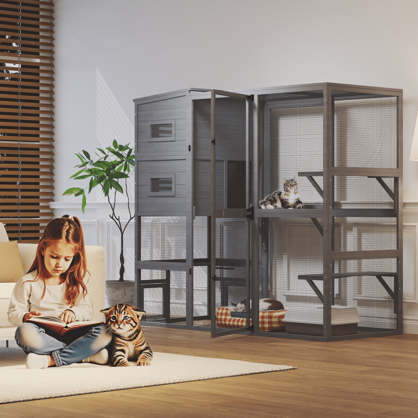 TIMHAKA Catio Outdoor Cat Enclosure Large Wooden Cat House for Mulitiple Cats w/ Resting Box, Platform, Waterproof Roof & Large Door, Gray