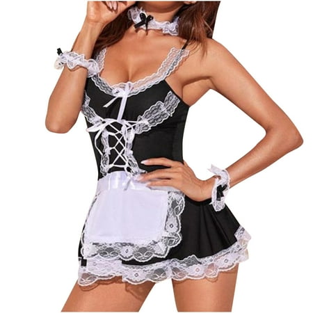 

Paiwinds Womens Cosplay Sexy Lingerie Women Sexy Lace Maid Splicing Sling Siamese Thong Underwear Maid Skirt Dress Black S