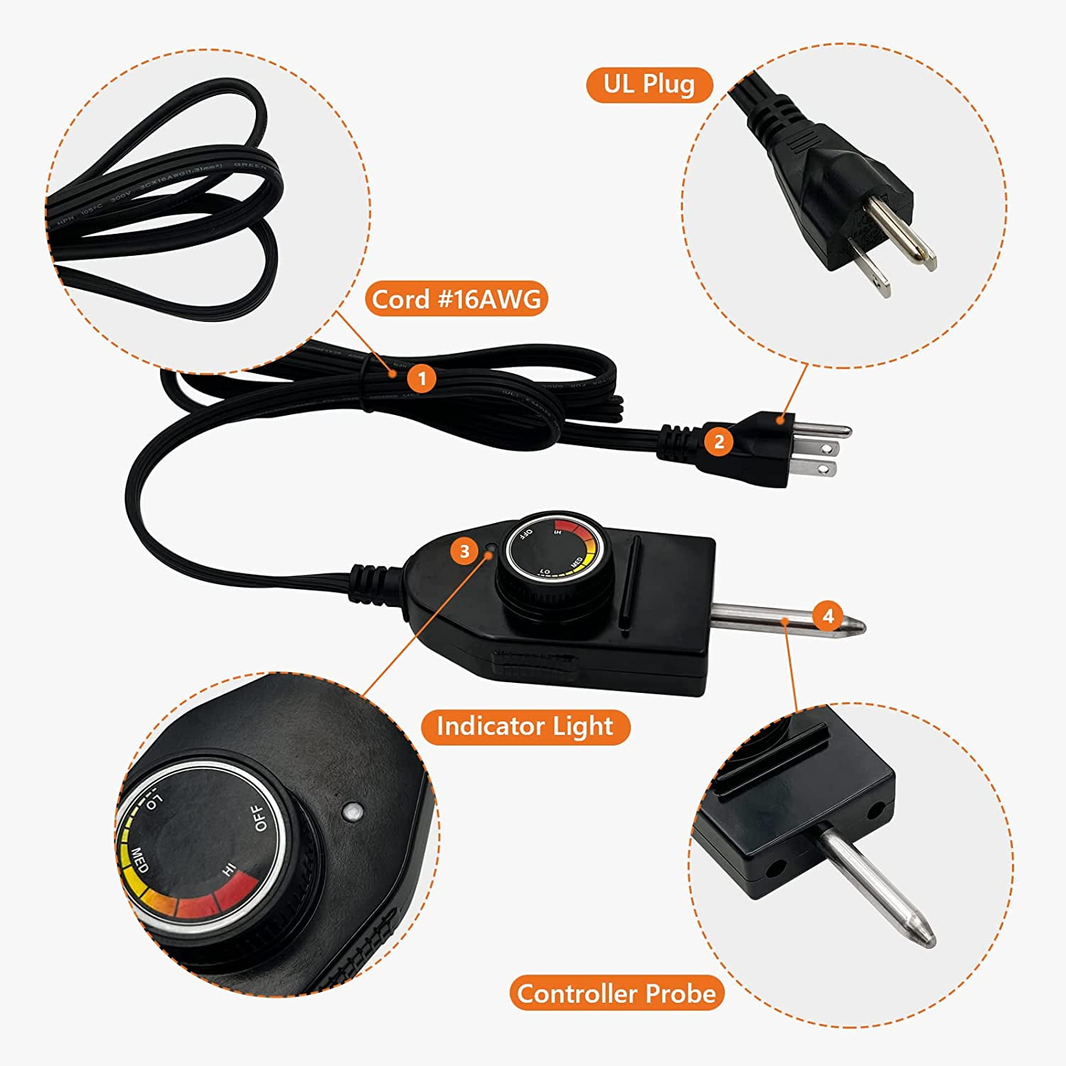 YAOAWE Adjustable Control Smoker Cord, Replacement Thermostat for Masterbuilt Electric Smoker and Most Electric Turkey Fryers & Other Grill Heating Elements
