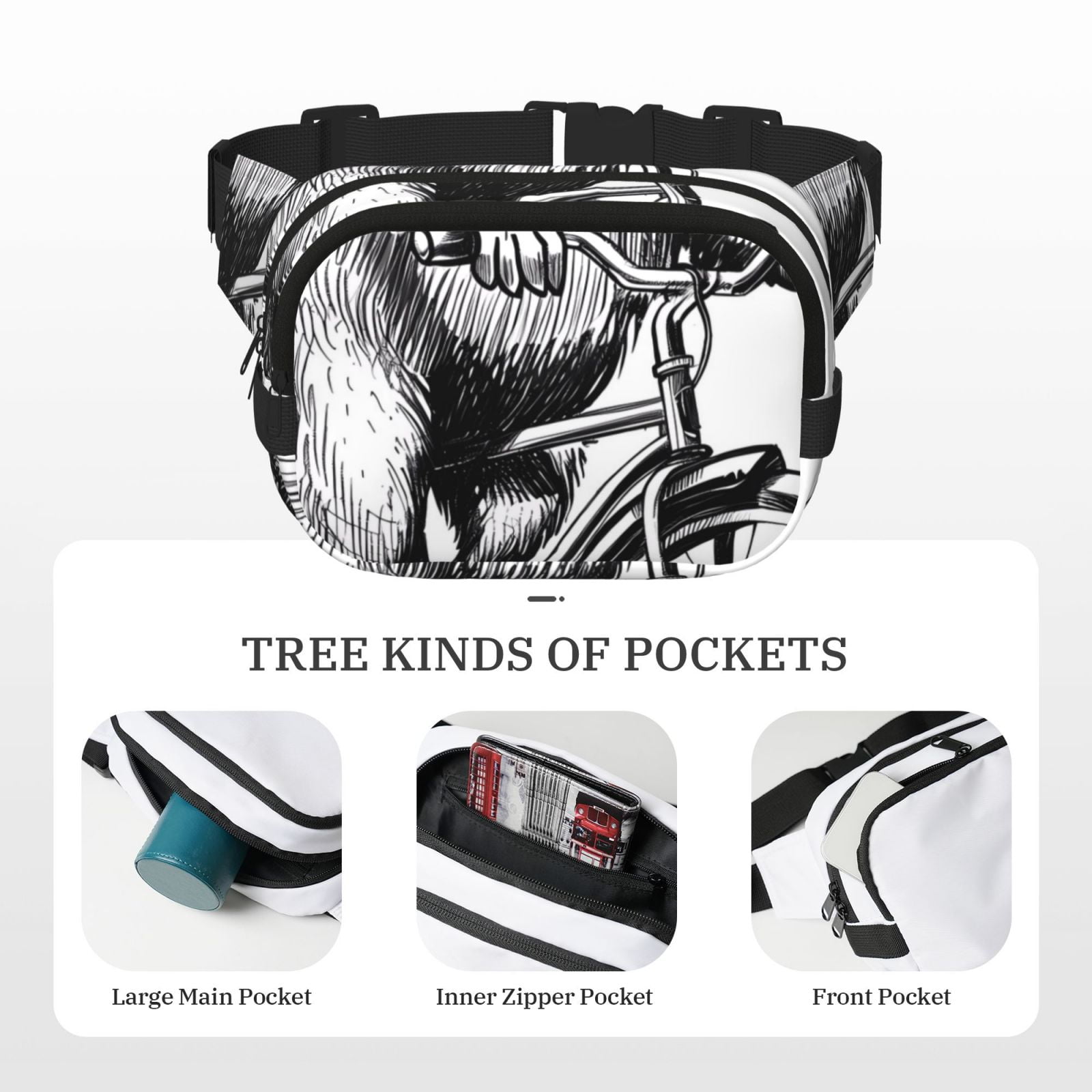 Picia Capybara Riding Bicycle Print Square Double-Layer Waist Bag Mini Adjustable Waist Belt Bag Exercise Running Travel Hiking