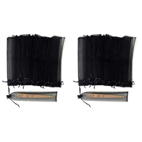 100Pcs Black Hand Fan Organza Bags 2 x 10 Inch Sheer Halloween Drawstring Pouches Folding Fan Gift Bags