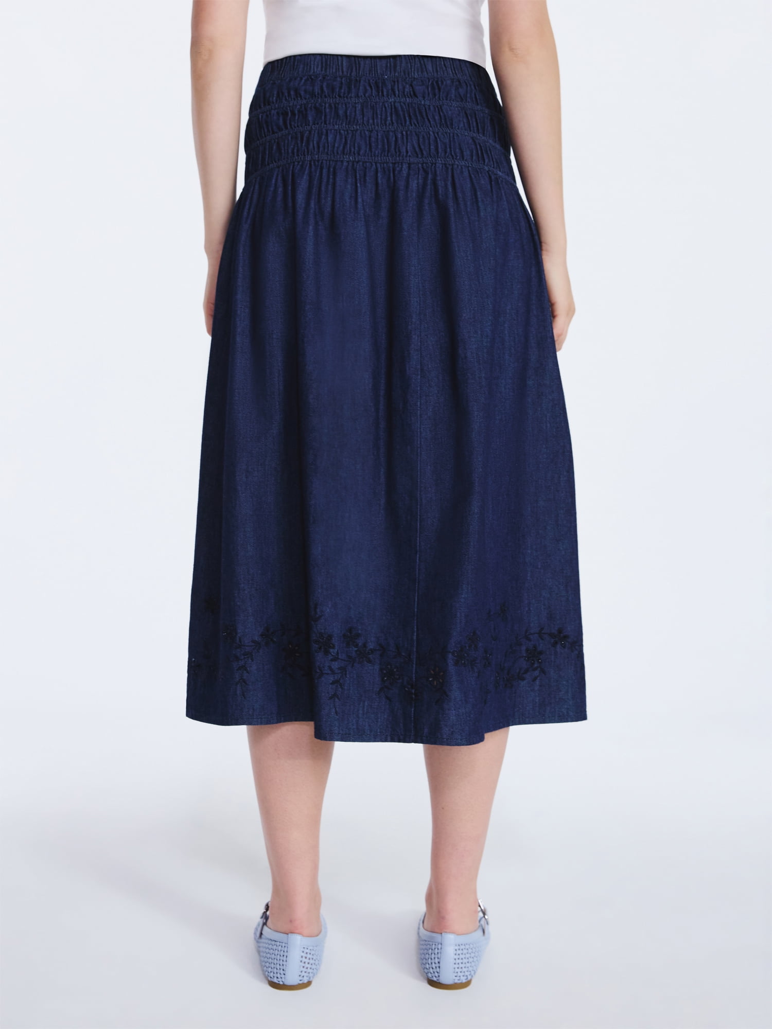 Free Assembly Women's and Women's Plus Embroidered Cotton Maxi Skirt with Smocked Waist, Sizes XS-4X