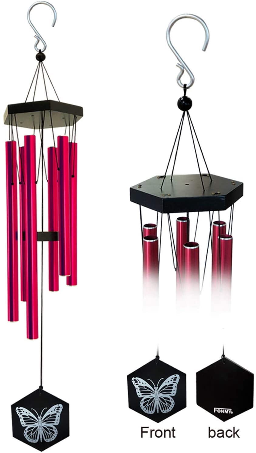 FONMY 33" Butterfly Memorial Wind Chimes with Red Aluminum Tubes and Bamboo Top