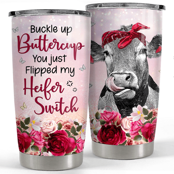 SANDJEST Cow Tumbler Buckle Up Buttercup Floral 20oz Tumblers with Lid Gift for Women Girl Daughter Sister Animal Lovers Christmas Birthday