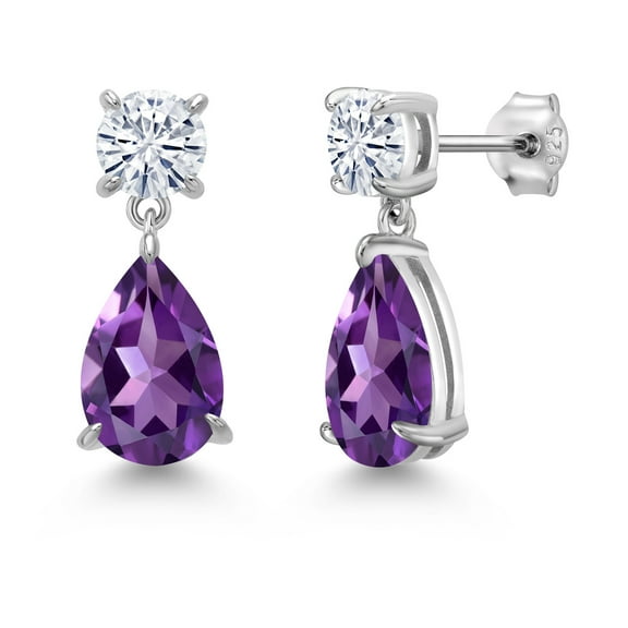 Gem Stone King 925 Sterling Silver Purple Amethyst and White Moissanite Teardrop Dangle Drop Earrings for Women (6.90 Cttw, Gemstone Birthstone, Pear Shape 12x8MM, Round 6MM)