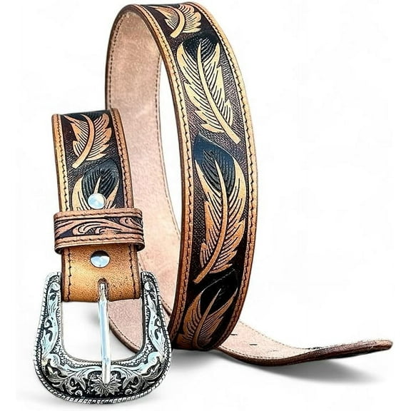 Western Leather Belt for Men Cowboy Rodeo Belt Handmade Tooled Embossed Belt Removable Buckle 1.5” Wide