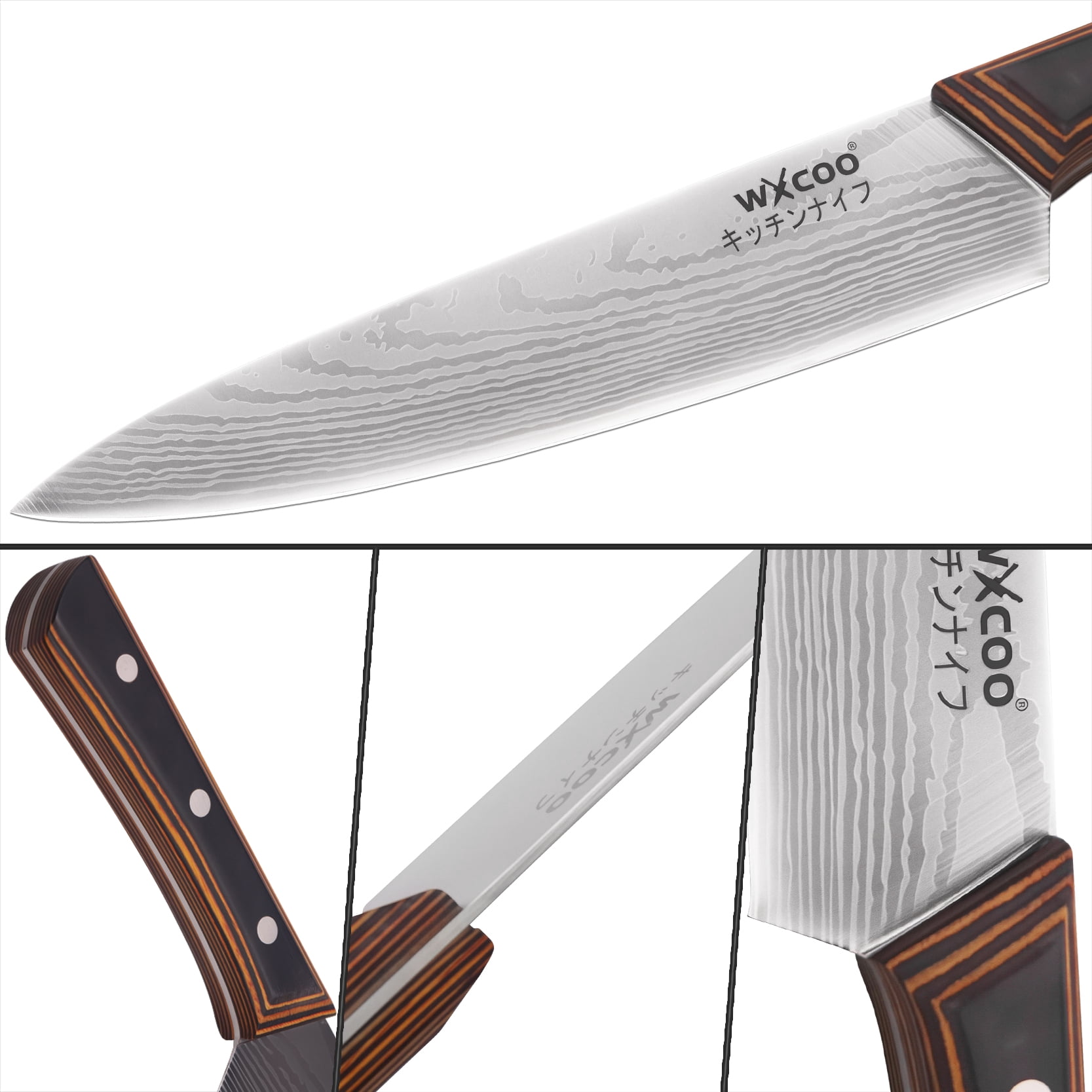 3-Piece Damascus Pattern Kitchen Knife Set, Wood Grain Handle Stainless Steel Chef Knives with Blade Guards, Sharp Multi-purpose Cooking Cutlery for Home Kitchen
