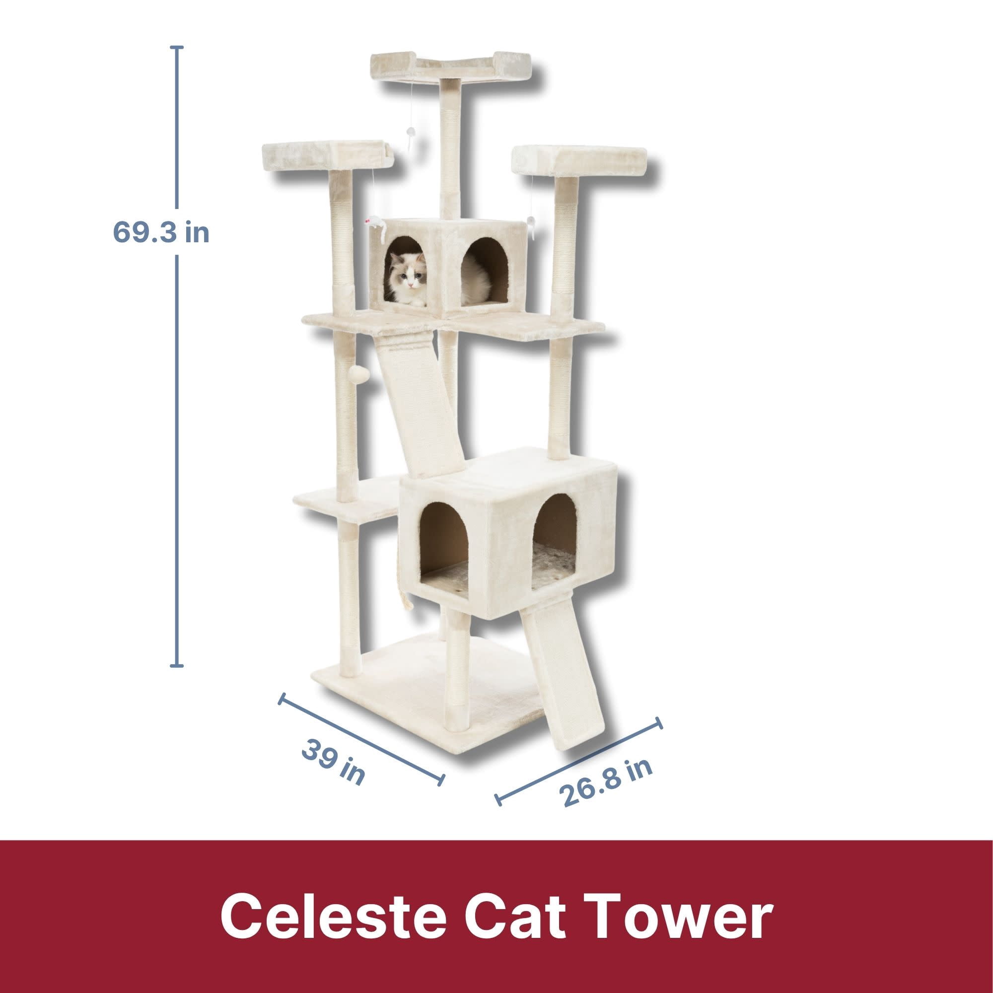 TRIXIE Celeste Plush 4-Level 69" Cat Tree  Sisal Scratching Posts Condo & Cat Toy Cream