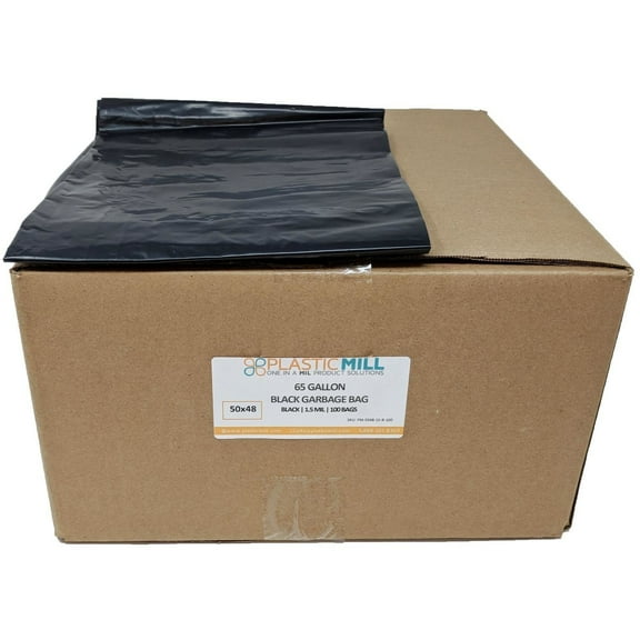 PlasticMill 65 Gallon, Black, 1.5 Mil, 50x48, 100 Bags/Case, Garbage Bags / Trash Can Liners.