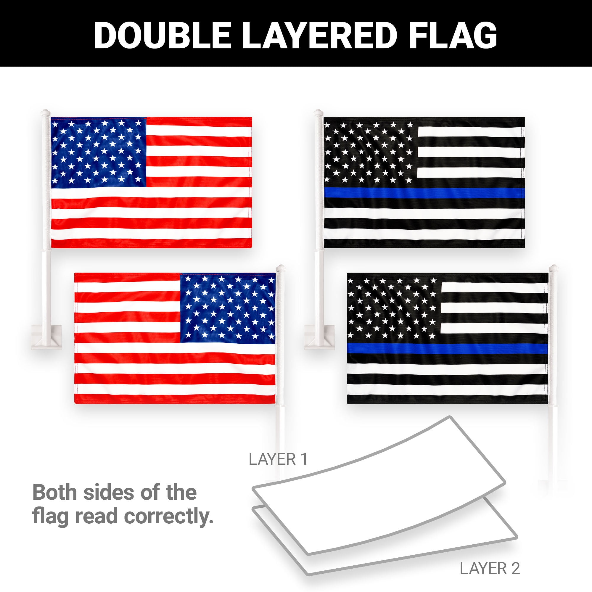 G128 Combo Pack: American USA Car Flag & Thin Blue Line Car Flag 11x17 In | Both Double Sided Printed 150D Polyester | Flagpole Included | Perfect for Festival Celebrations, Parades