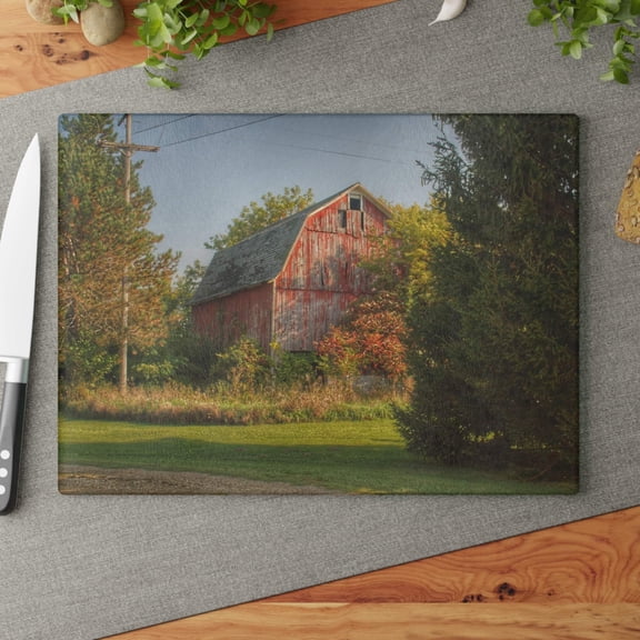 U R There Photography Belle River Red I Rustic Farmhouse Tempered-Glass Cutting Board 11"x 15"
