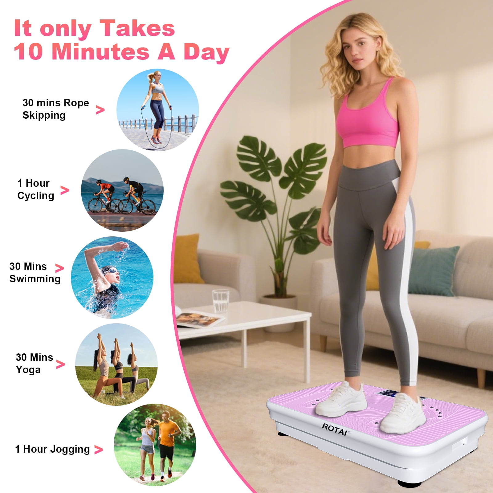 BEF Vibrating Plate Exercise Machine with LED Display, 199 Adjustable Speeds Power, 300 lbs 150 Watts, Shake Board Sport Gym for Women and Men, Pink