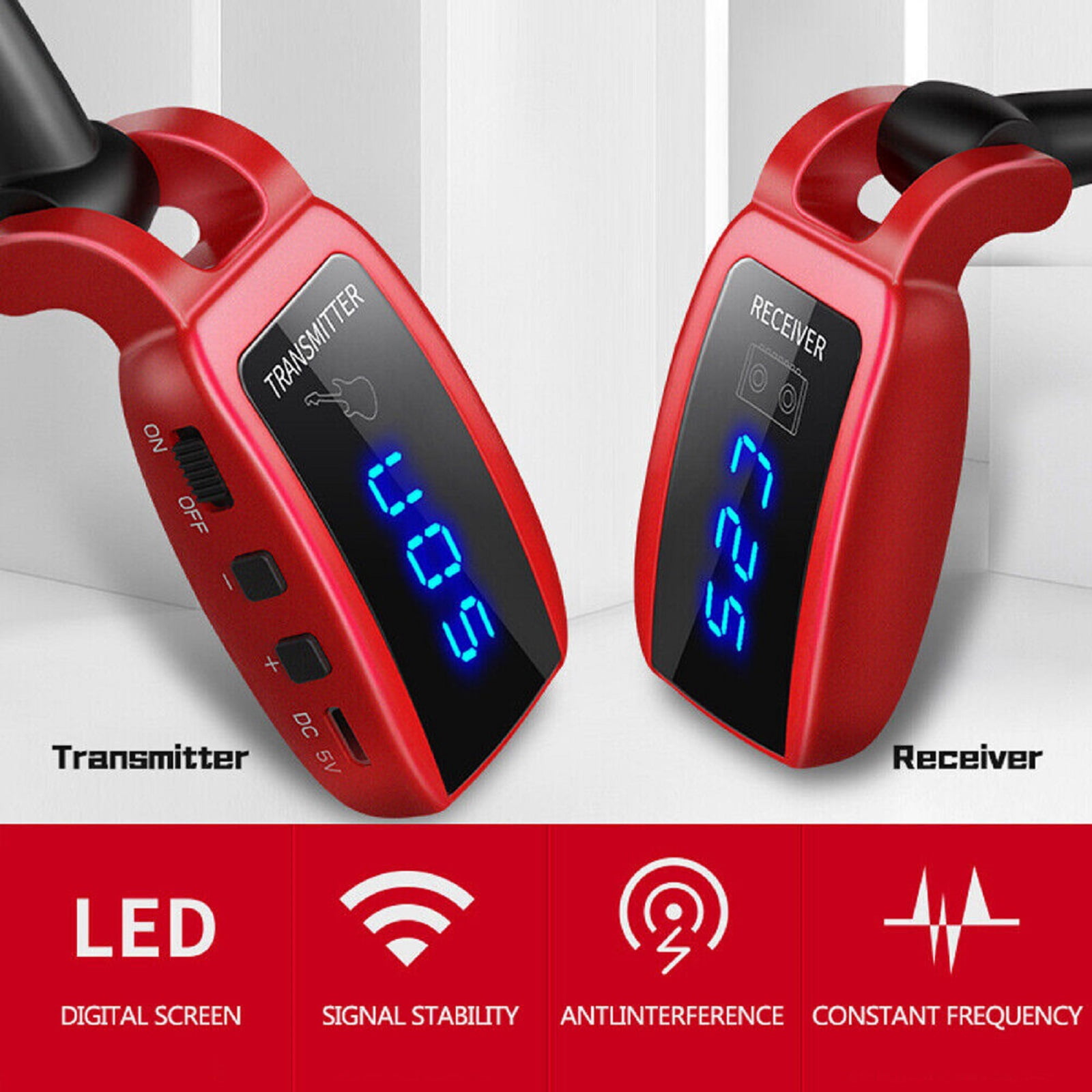 Wireless Guitar System Guitar Transmitter Receiver Rechargeable Audio Wireless Transmitter Receiver, LED Screen 15 Channels UHF for Electric Guitar Bass