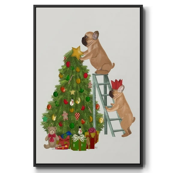 Christmas French Bulldog Tree Ladder - Framed Gallery Wrapped Holiday Canvas - 17 x 25 - Black Frame