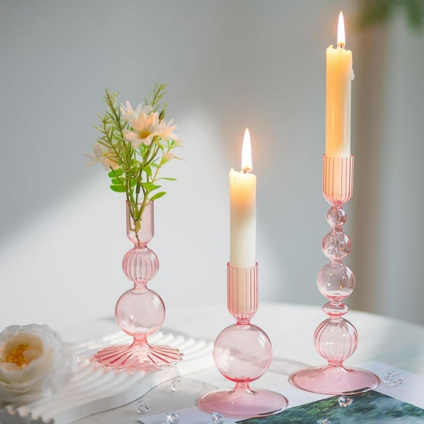 Set de Portavelas Hewory de Vidrio 3 piezas en Cristal Rosa