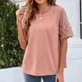 thumbnail image 4 of Camiseta de manga corta de encaje para mujer Blusa elegante de cuello redondo de color puro a la moda para citas Rosa M, 4 of 6