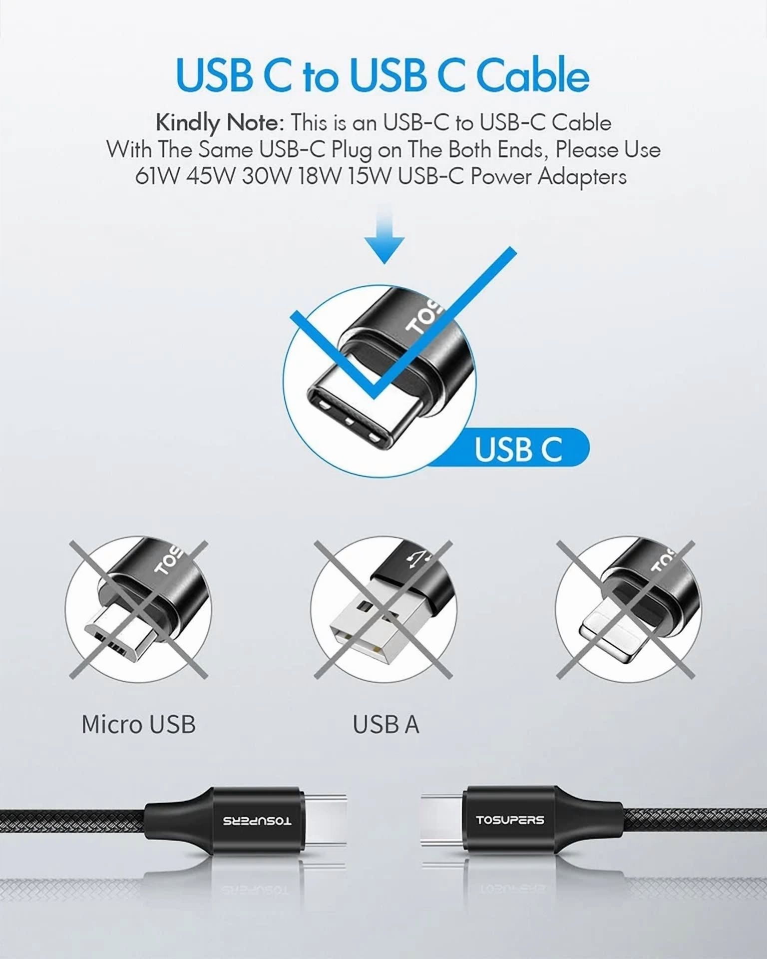 3Ft, 2 Pack Usb C To C Cable Fast Charging 60W, Pd Type C Black