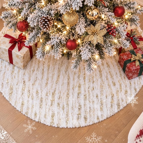 Senfot 120cm Golden Shimmer Fabric Christmas Tree Skirt Luxury Glossy Design Xmas Tree Base Cover Farmhouse Indoor Holiday Decor
