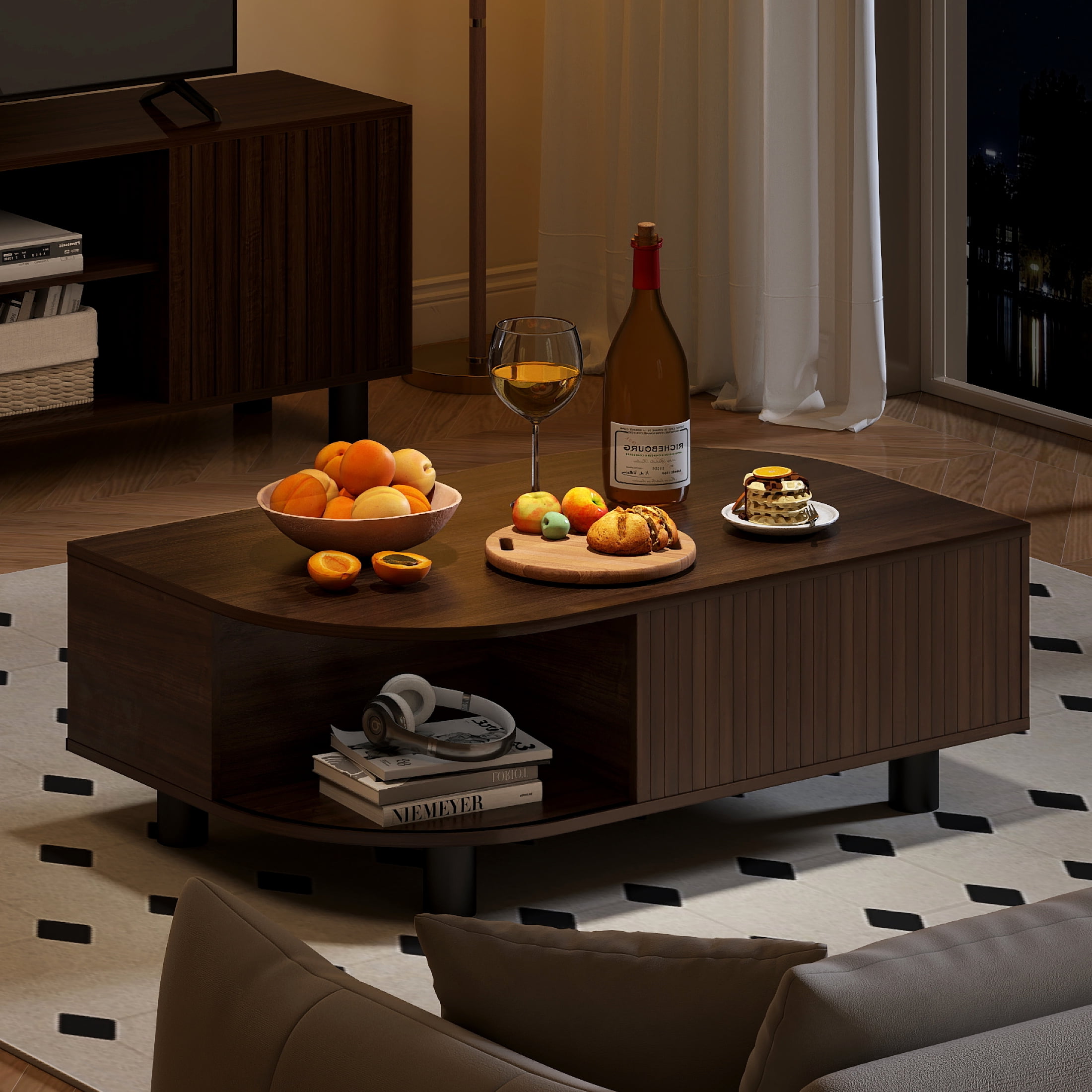 Anrist Wood Coffee Table with Storage & Fluted Sliding Doors for Living room, Unique Leaf-Shaped Design, Walnut