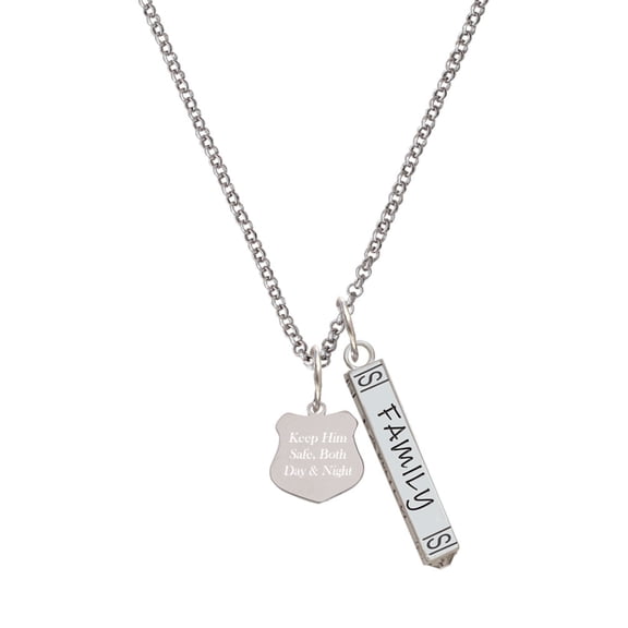 Delight Jewelry Stainless Steel Keep Him Safe Police Badge - Silvertone Family Bar Charm Necklace, 23"