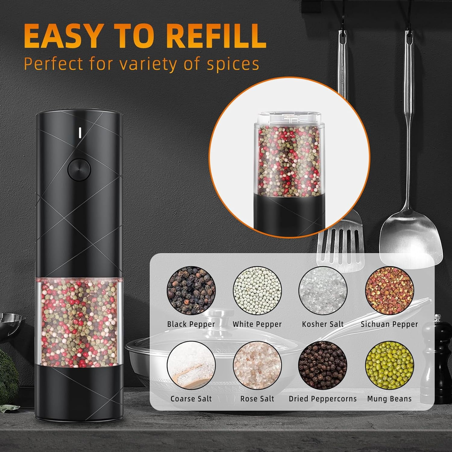 2 Pack Electric Salt and Pepper Grinder Set, Haomacro USB Rechargeable Pepper Grinder Mill with LED Light, Adjustable Coarseness Large Capacity Automatic Pepper Mills Salt Grinders for Kitchen