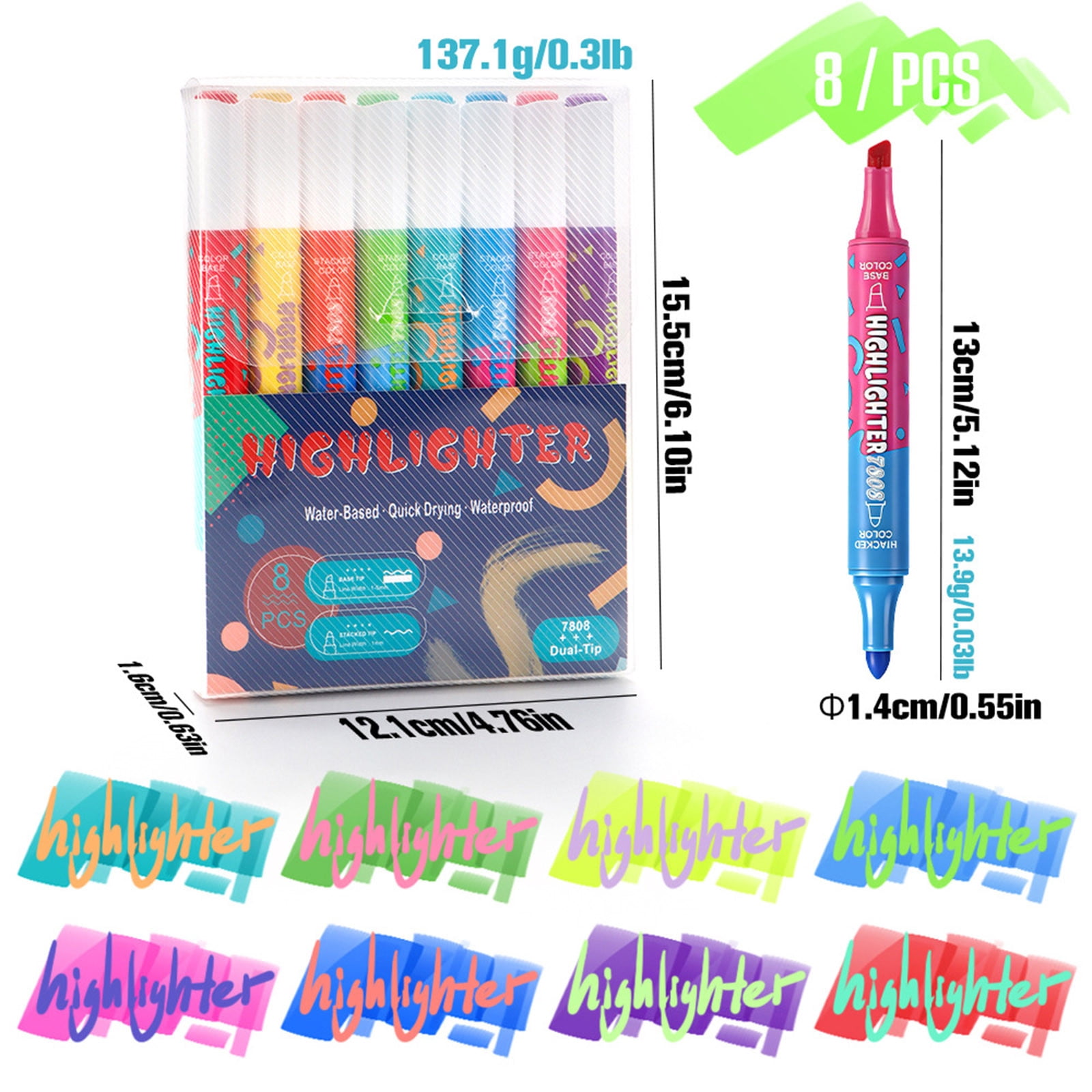 Seyotauo 8 Pack Dual Tip Two Color Highlighter Pens, Quick Drying Markers, Ideal for Bible Study, Planner Writing, Note Taking, Office Supplies and Daily Drawing
