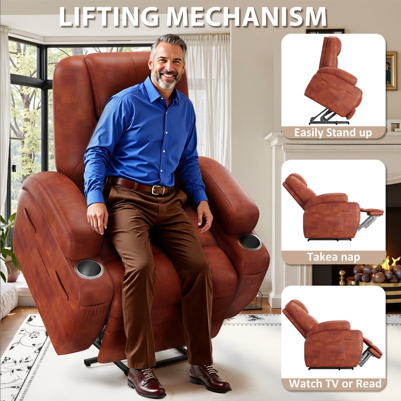 Vineego power lift recliner chairs massage Single sofa chair with cup holder for elderly,Brown