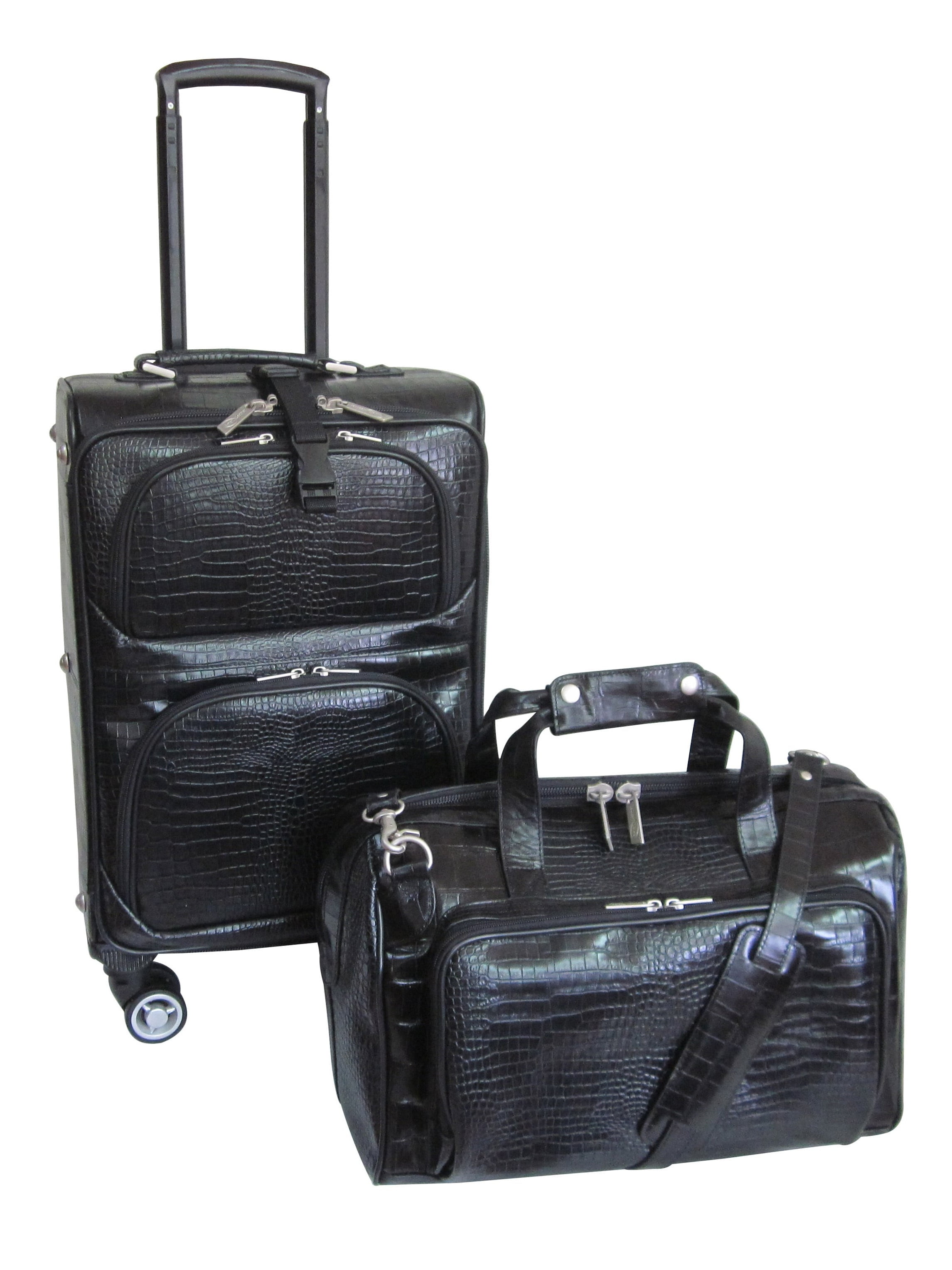 AmeriLeather Black Leather CrocoPrint 2Piece CarryOn Spinner Luggage Set