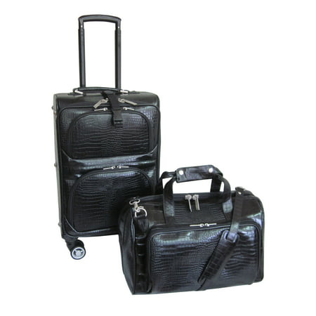Black Leather Croco-Print 2-Piece Carry-On Spinner Luggage