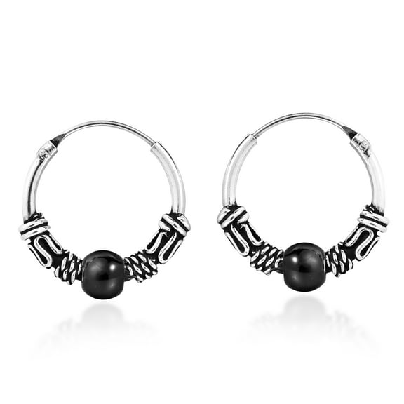 15 mm Balinese Black Ball .925 Sterling Silver Hoop Earrings