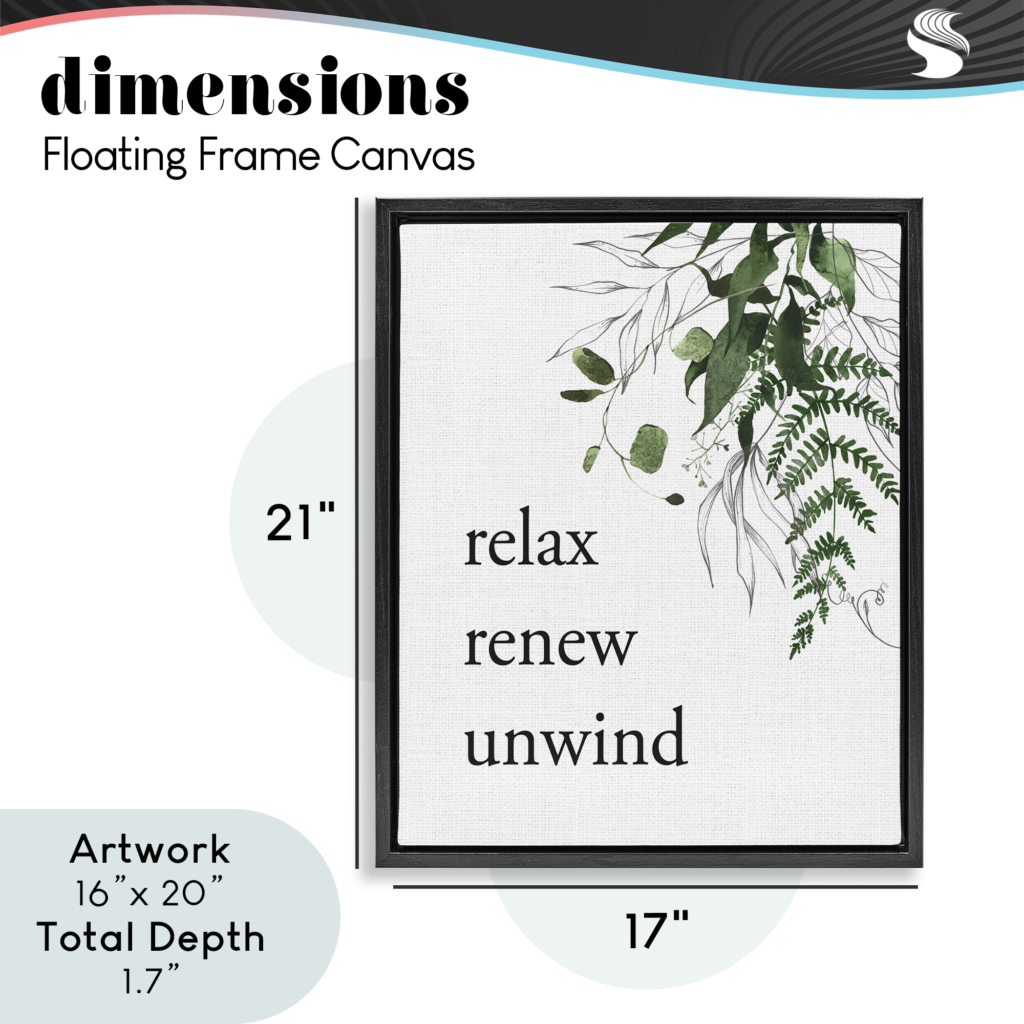 Relax Renew Unwind with Foliage Black Framed Floater Canvas Wall Art, design by Lettered and Lined