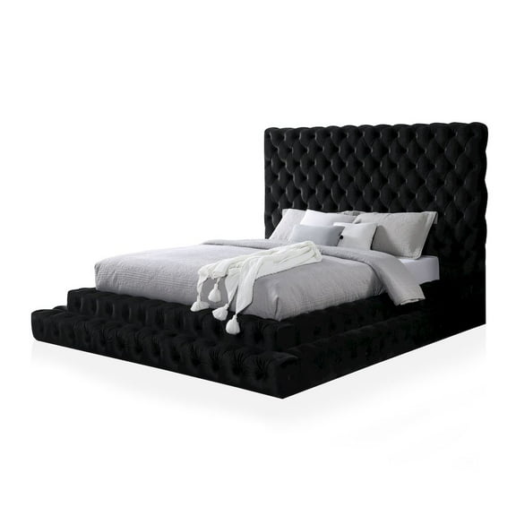 Furniture of America Biron Glam Fabric Tufted Platform King Bed in Black