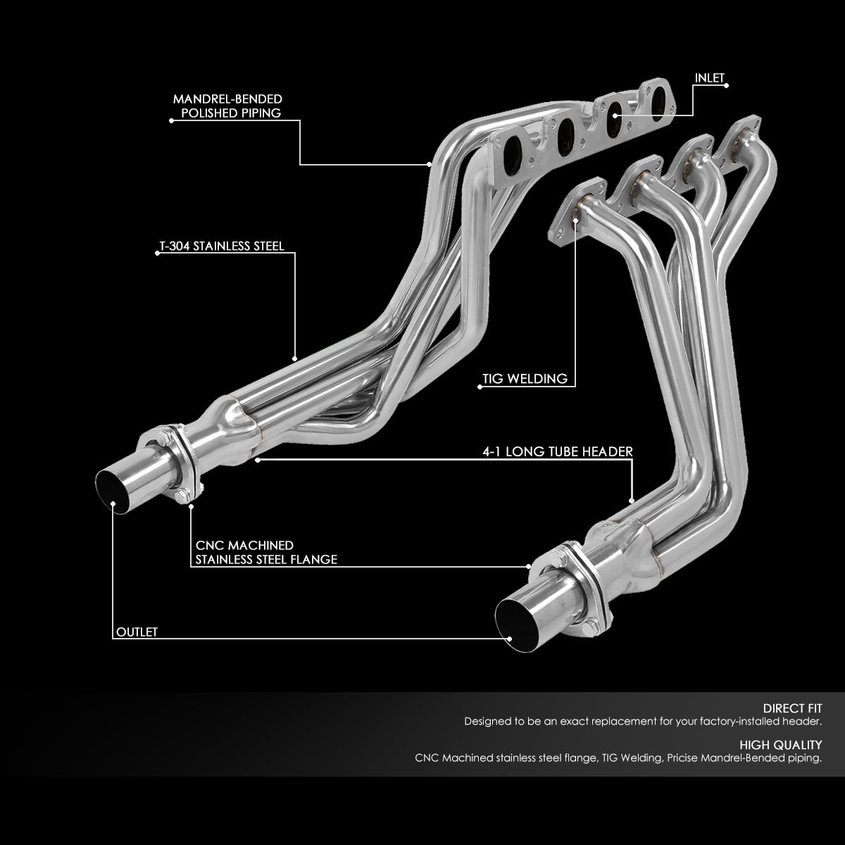 DNA MOTORING HDS-F15080-351-LT Pair Stainless Steel 4-1 Full Length Manifold Exhaust Header Set