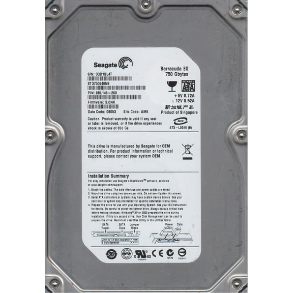 ST3750640NS, 3QD, AMK, PN 9BL148-269, FW 3.CNK, Seagate 750GB SATA 3.5 Hard Drive