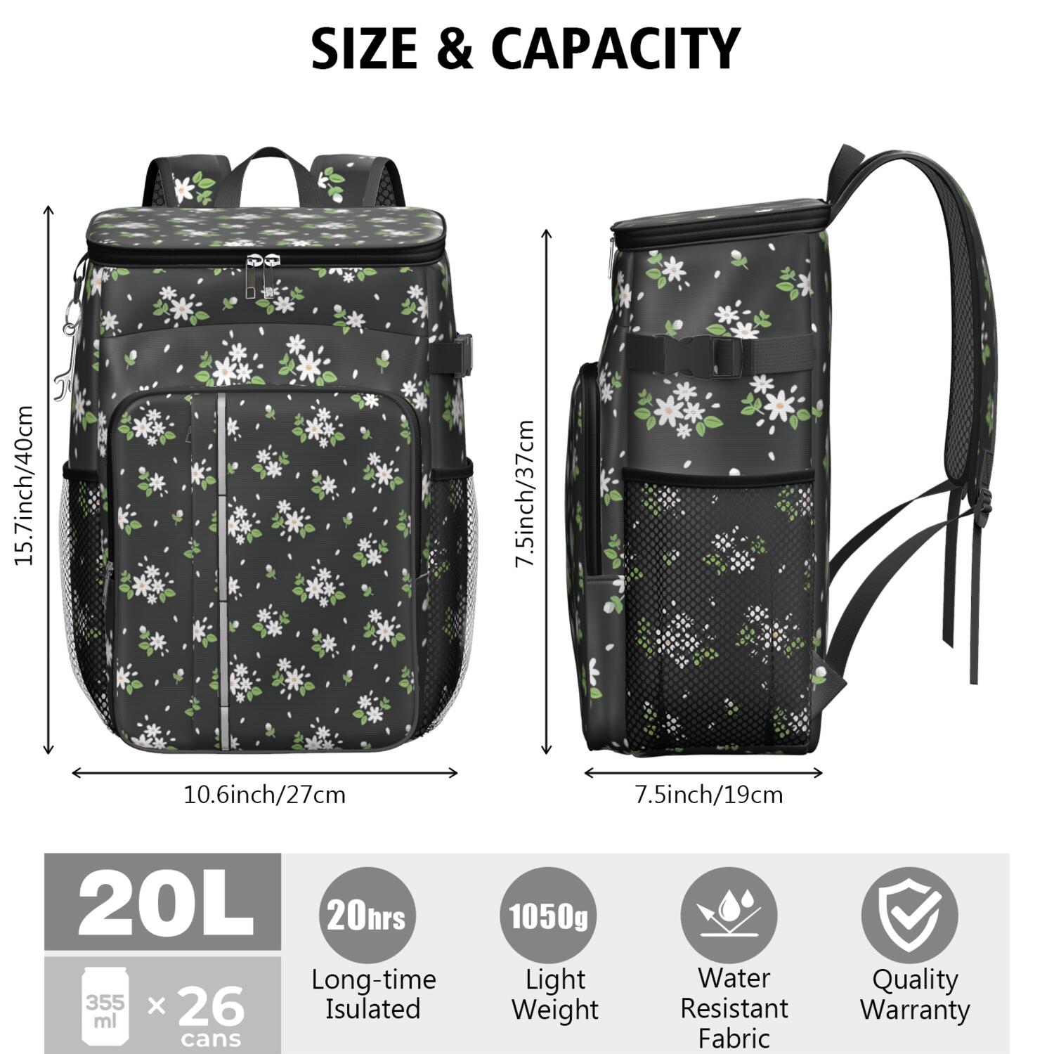 Travel Cooler Bag - Pioneer Flower Floral Print Pattern Camping Beer Cooler Backpack with Bottle Opener- Waterproof Insulated Picnic Backpacks - Cooler Bag for Beach