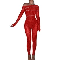 Tao Tao Women Fashion mesh rhinestone jumpsuit long sleeve see-through jumpsuit high stretch Body stockings club outfit Red Free Size
