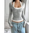 thumbnail image 2 of Women'S Long Sleeve Henley T Shirts Button Ribbed Knit Slim Fit Casual Basic Tops Blouse Flower Gray XL, 2 of 6