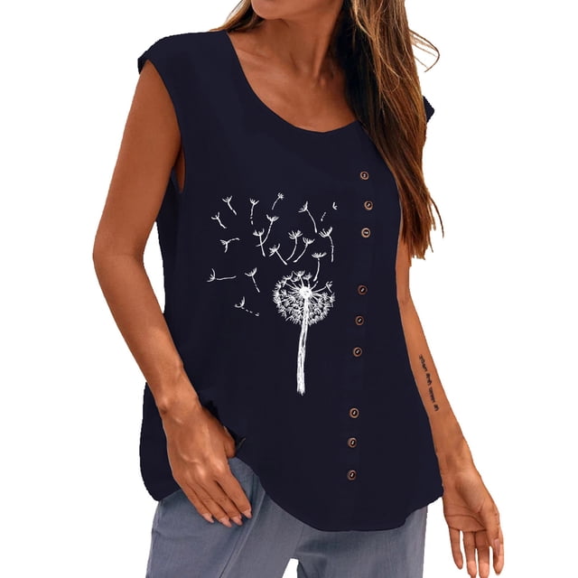Hauts de Sortie pour Femmes Col Rond Imprimé Boutons Sans Manches Débardeur Basique Décontracté Coupe Ample Blouse d'Été