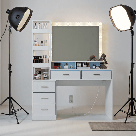 8-Drawer White Makeup Vanity Table with Glass Top, Lighted Mirror, Built-in Power Outlets & RGB LED Lighting, Dressing Table for Women & Girls